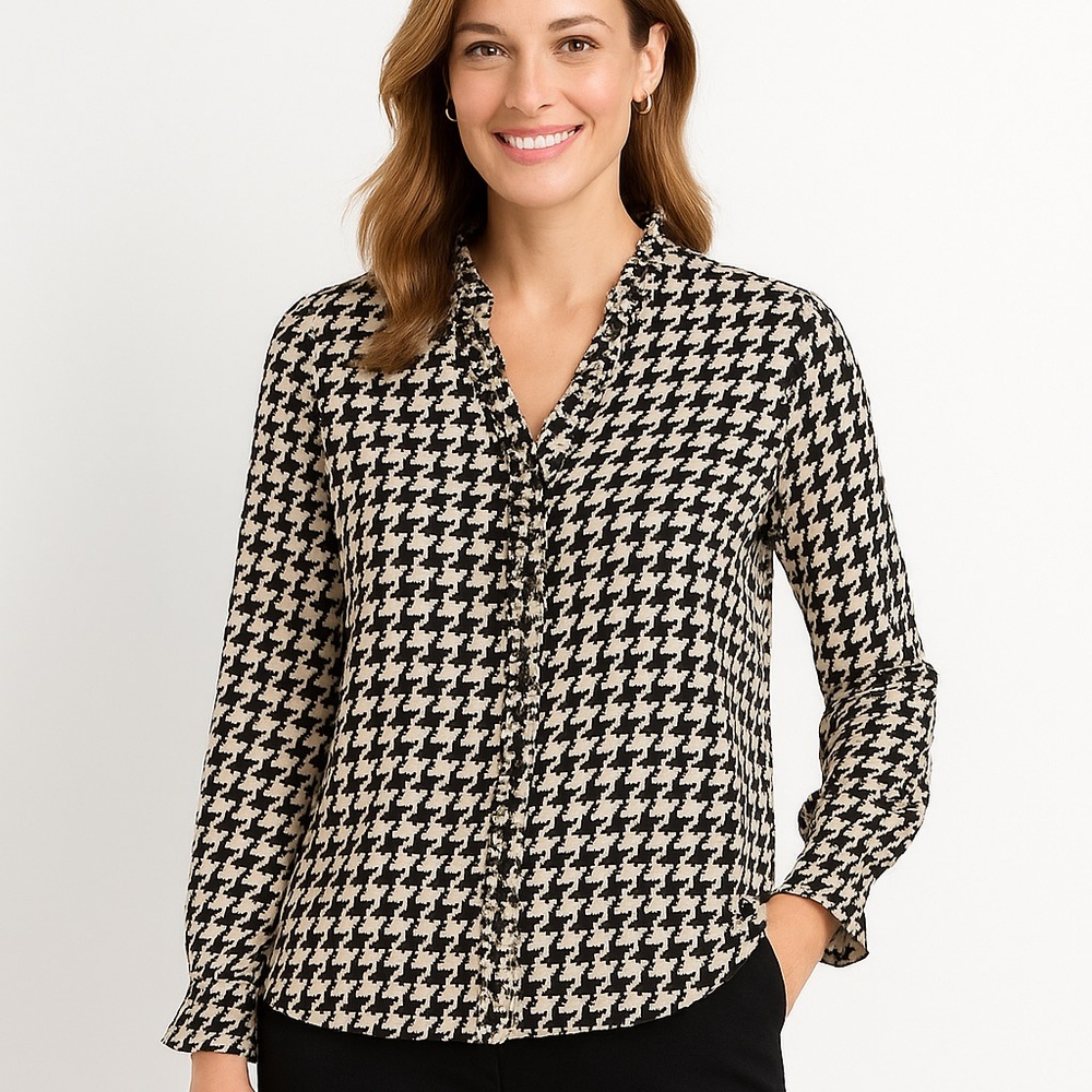 Talbots 100% Silk Houndstooth Black and White Women's Top